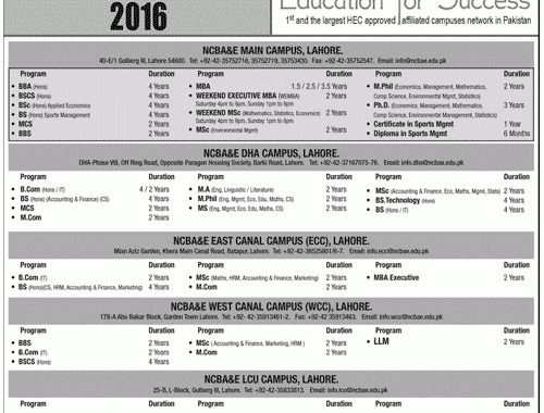 NCBA&E Lahore Undergraduate Fall Admission 2016 Form, Last Date