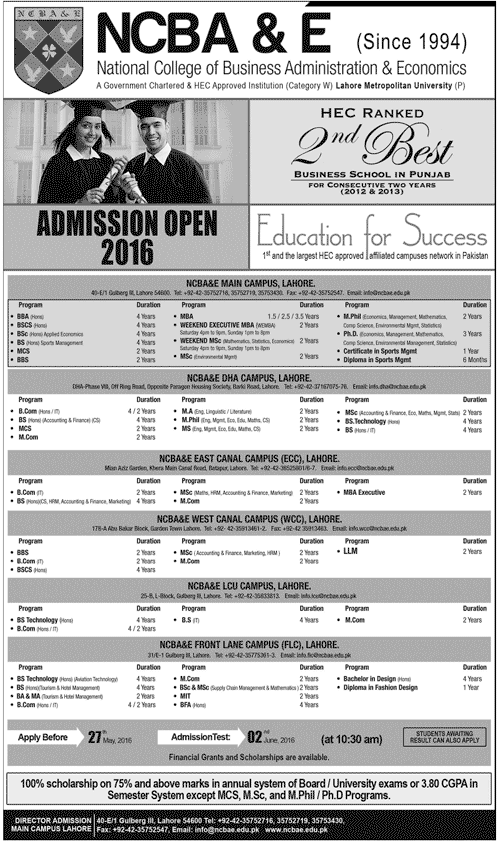 NCBA&E Lahore Undergraduate Fall Admission 2016 Form, Last Date