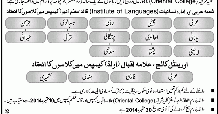 Oriental College Language Diploma Admission 2014