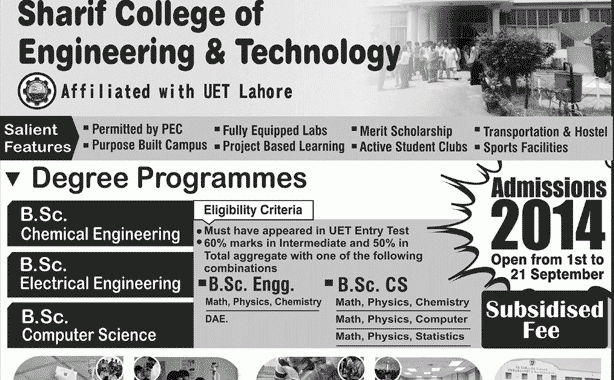 Sharif College of Engineering and Technology Lahore Admission 2014