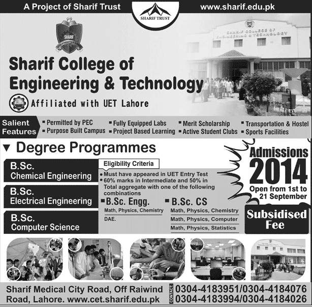 Sharif College Of Engineering And Technology Lahore Admission 2014