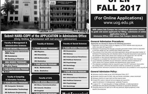 University Of Gujrat (Uog) Admission Fall 2017 For B.com (Annual) &Amp; Associate Degree