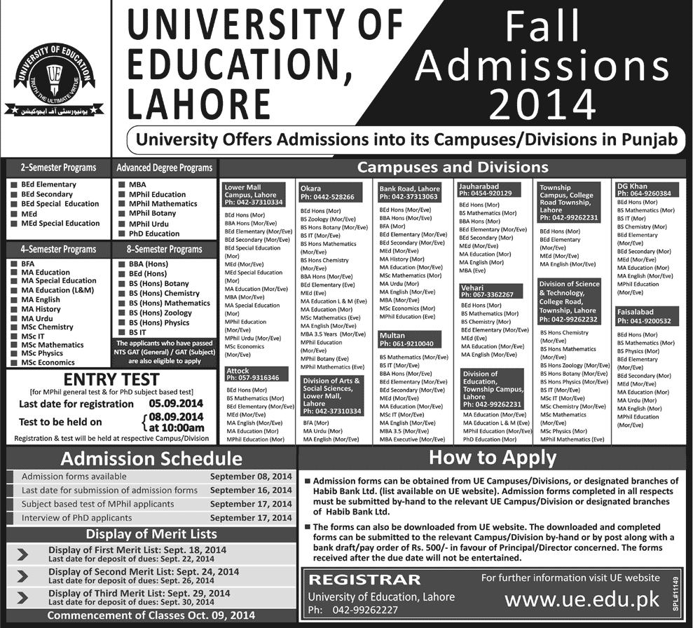 University of Education Lahore Fall Admission 2014 Form Download