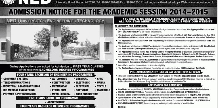 NED University Karachi Admission 2014 Form, Last Date