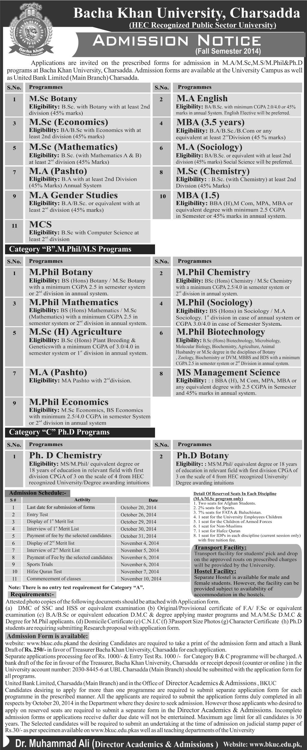 Bacha Khan University Msc, M.phil, Phd Admissions 2014 Form, Last Date