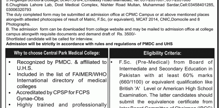 Central Park Medical College Lahore MBBS Admission 2014 Form