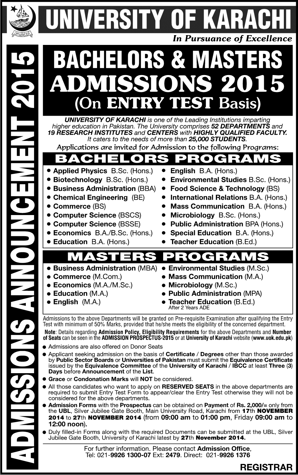 Karachi University Uok Bachelor, Masters Admission 2015 Form, Last Date