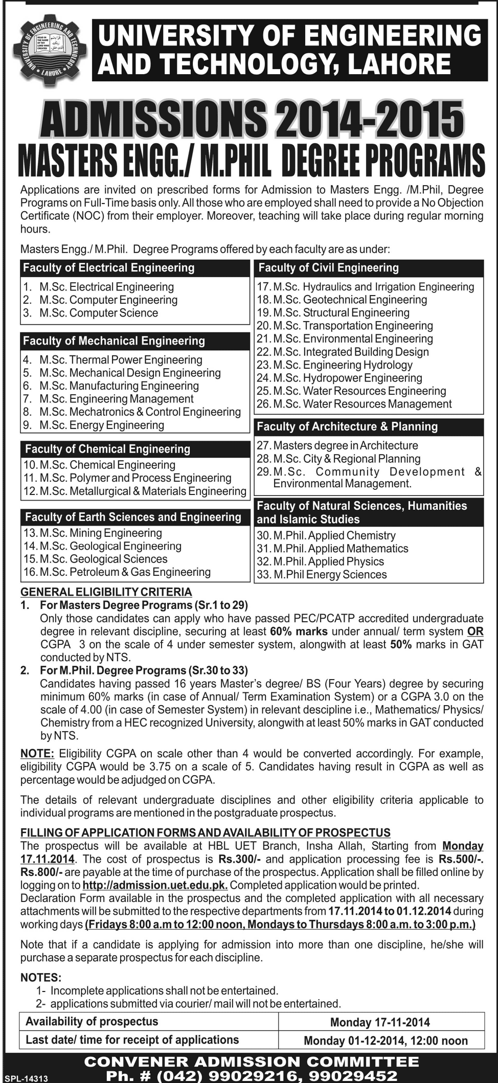 Uet Lahore Masters, M.phil Engineering Admissions 2014-2015 Form, Date