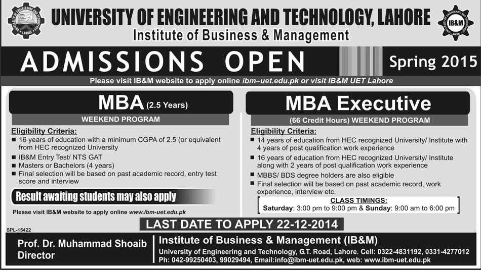 Uet Lahore Mba, Executive Mba Admission Spring 2015 Form, Last Date