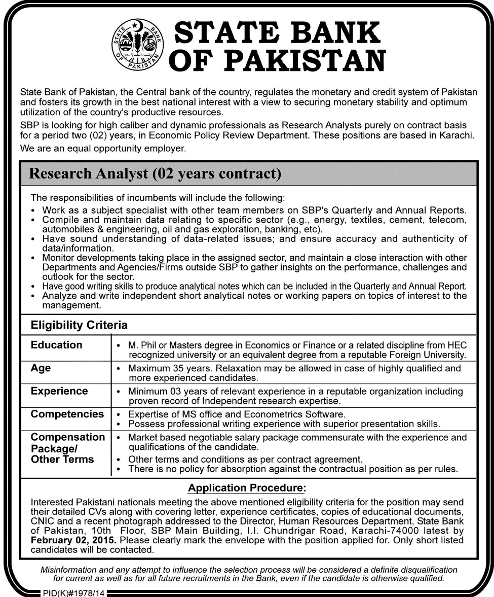 State Bank Of Pakistan Sbp Research Analyst Jobs 2015