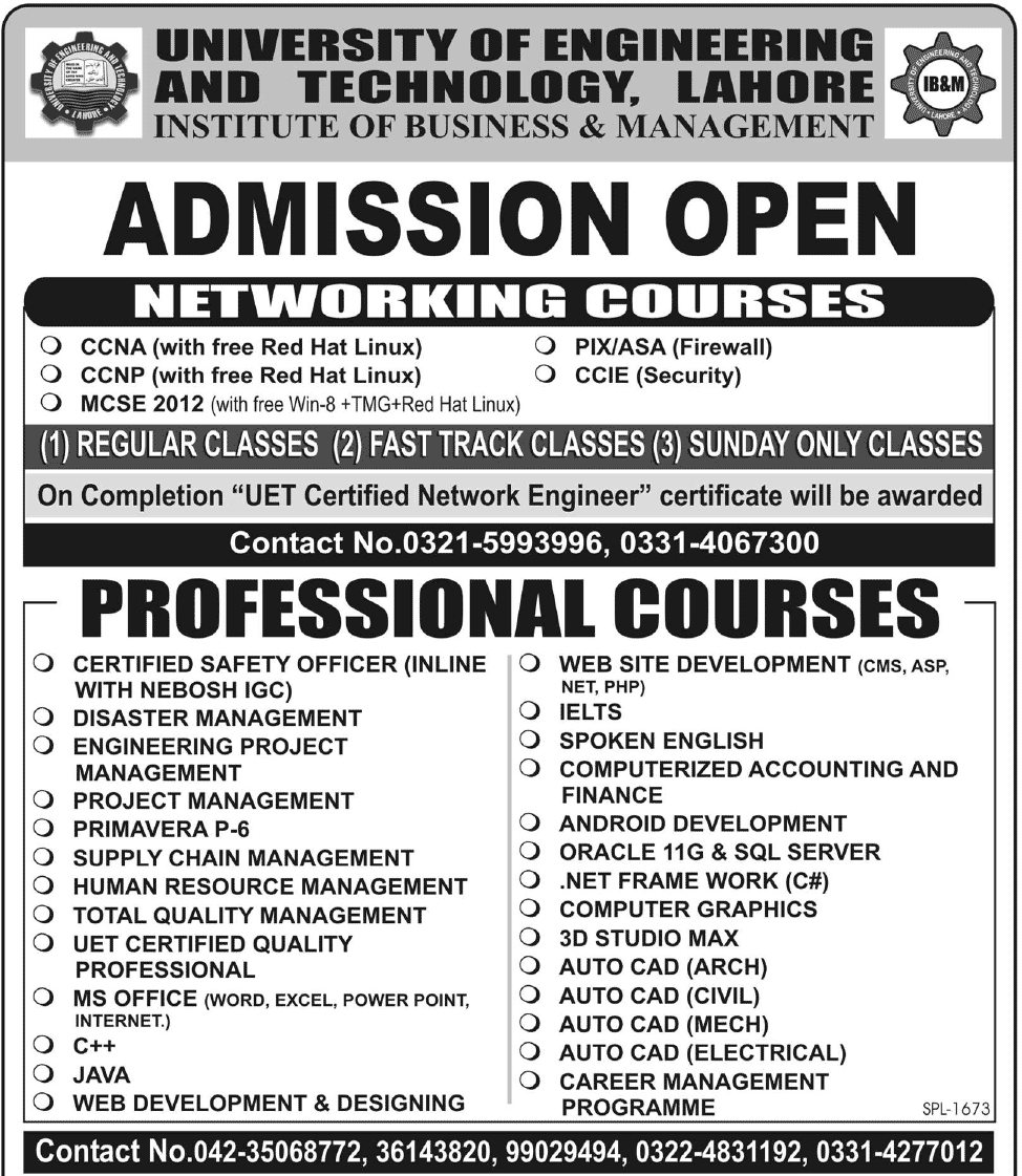 UET Lahore Short Courses 2022 Admission Notice