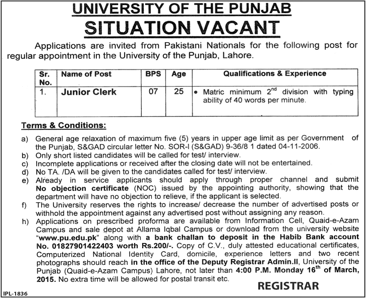 University Of The Punjab Lahore Jobs 2015 Download Application Form