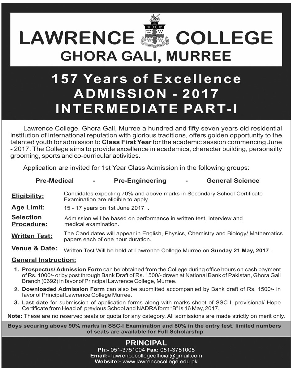 Lawrence College Murree Admissions 2017