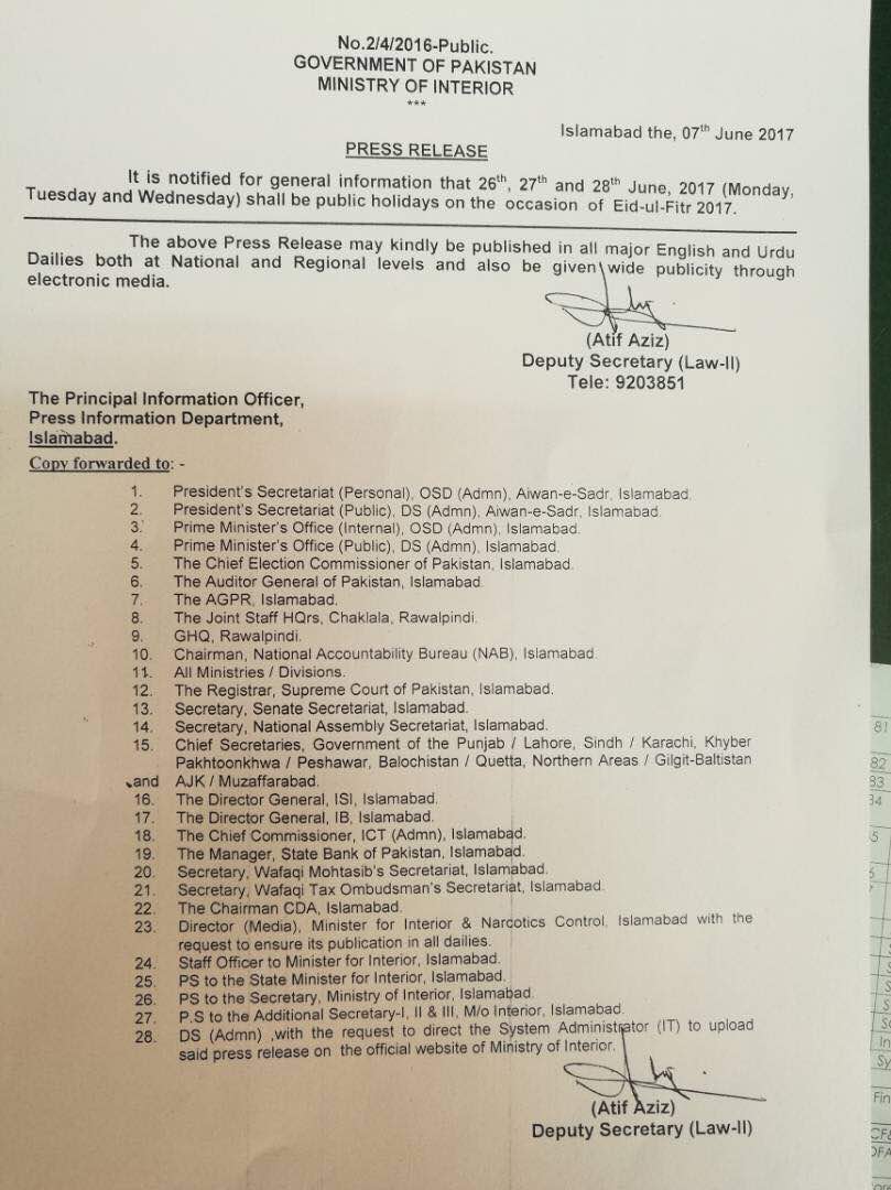 Eid Ul Fitr Holidays 2017 In Pakistan Vacation Schedule Notification