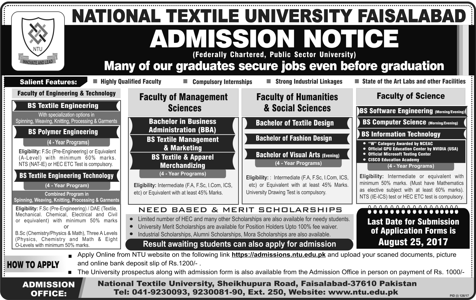 National Textile University Faisalabad Admission 2017 Form Last Date Apply