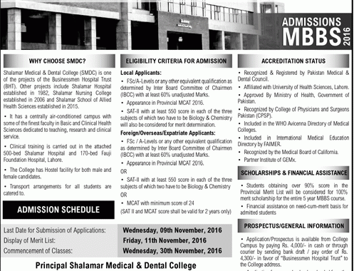 Shalamar Medical & Dental College Lahore MBBS Admissions 2024