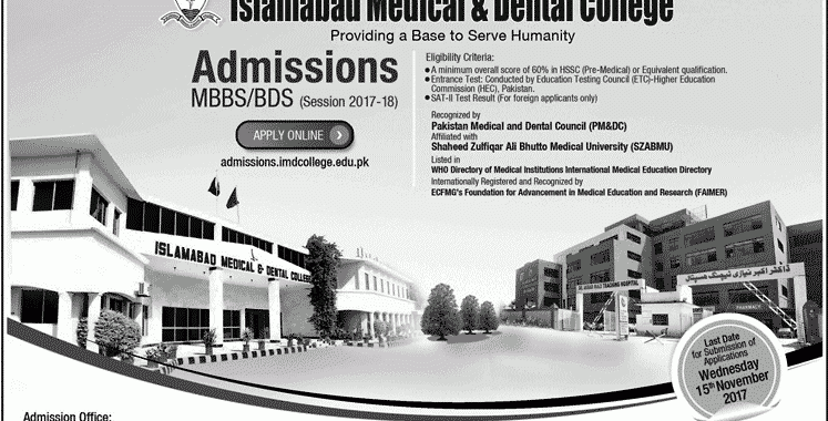 Islamabad Medical And Dental College Admission Notice 2017