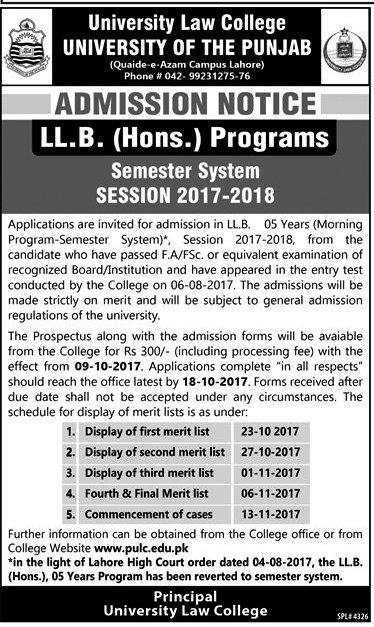 Punjab University Law College Lahore Llb 5 Years Admission 2017 Form, Dates