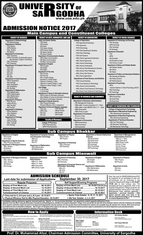 Sargodha University Uos Admission 2017 Form, Schedule, Last Date