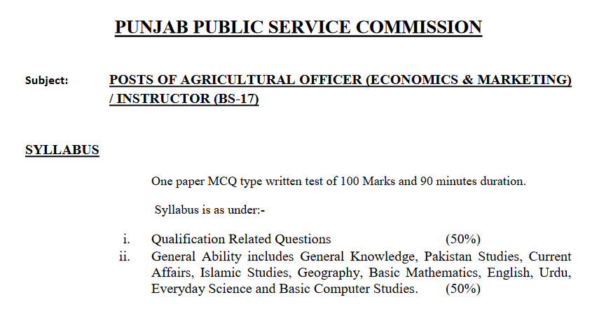 PPSC Syllabus For Agriculture Officer Jobs 2018 Sample Paper