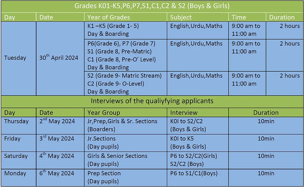 Entry Test Schedule