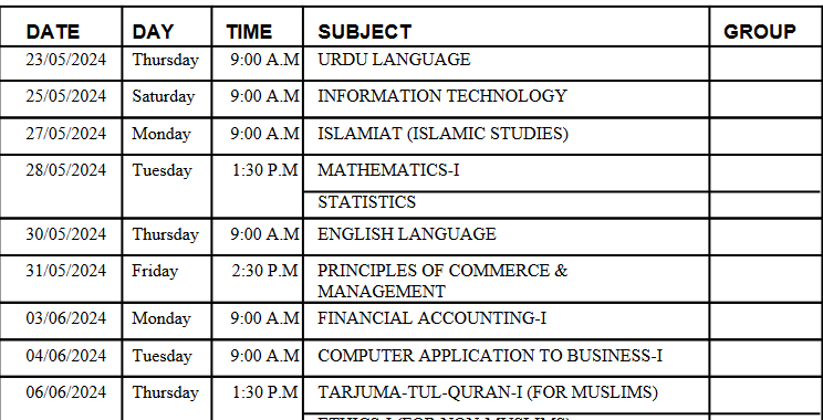 PBTE D.COM DBA Date Sheet 2024